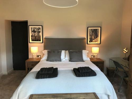 1 dormitorio con 1 cama grande y 2 almohadas en The Weathertop, design led holiday retreat, en Buxton