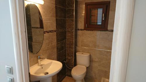 a bathroom with a toilet and a sink and a mirror at Stone house with seaview in Nea Potidaea