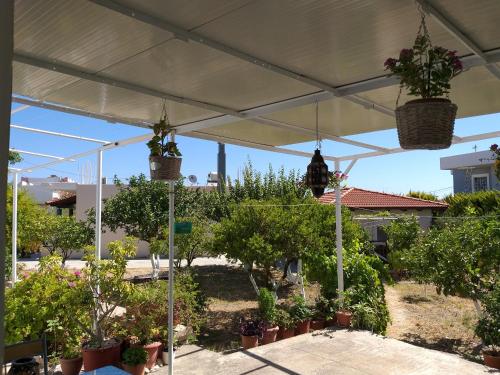 a white tent with potted trees and potted plants at Anastasia's garden house in Ialyssos