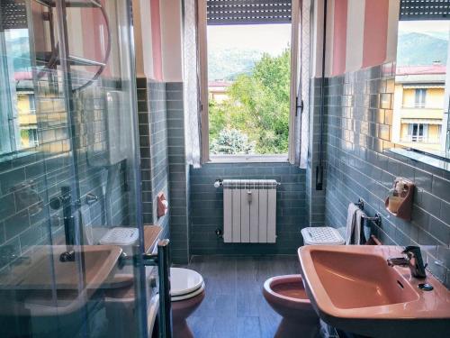 a bathroom with a sink and a toilet and a window at Appartamento con terrazzo zona ospedale civile in Brescia
