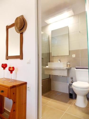 a bathroom with a toilet and a sink and a mirror at ERA Studios 1 in Skiathos