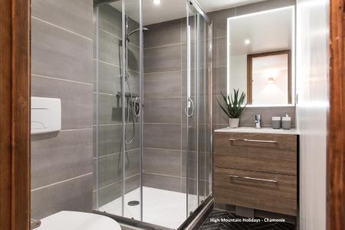 une salle de bain avec une douche avec des toilettes et un lavabo dans l'établissement Apartment Chloe, à Chamonix-Mont-Blanc