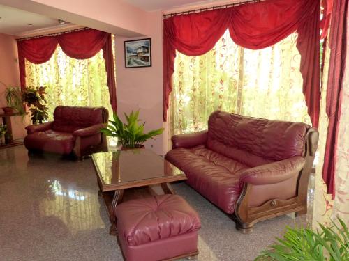 Beroe في سفيتي فلاس: غرفة معيشة بها أريكة جلدية وطاولة