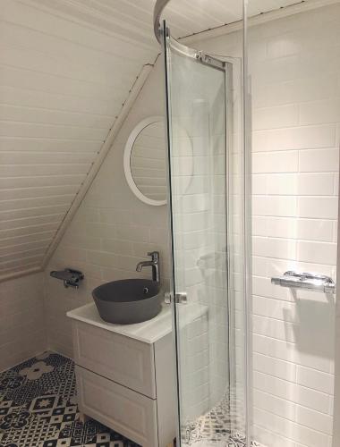 a bathroom with a sink and a glass shower at Lindens Bed&Breakfast in Mellerud