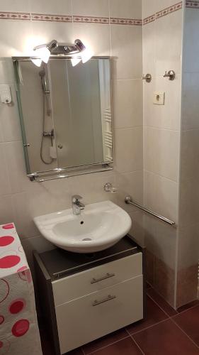 a bathroom with a sink and a mirror at Marion apartment in Portorož
