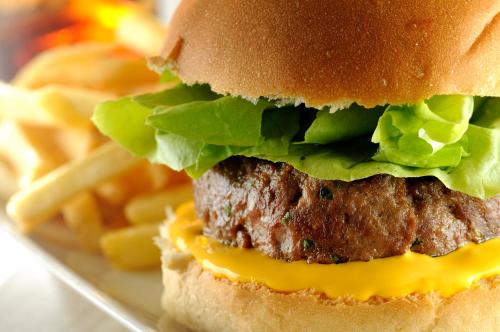 a hamburger with cheese and lettuce and french fries at Lush Motel Ipiranga in Sao Paulo