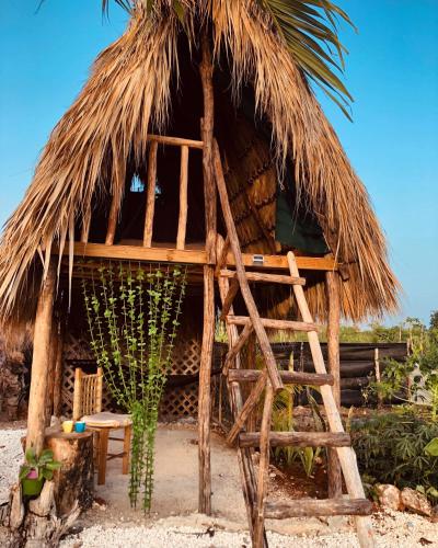 a hut with a straw roof and a chair at GuaiGüí Bayahibe in Bayahibe