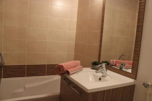 a bathroom with a sink and a bath tub at Résidence Villa d'Ambre in Colmar