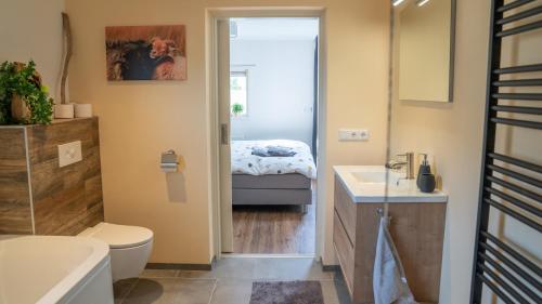 een badkamer met een toilet, een wastafel en een bed bij De Anselier in Ansen