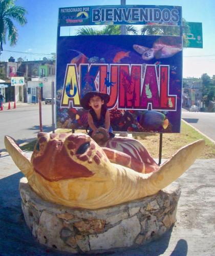 a statue of a fish in front of a sign at Beachfront Hammock Heaven in Akumal