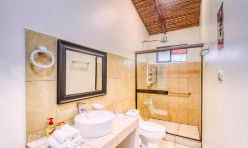 a bathroom with a sink and a toilet and a shower at Hotel San Rafael Ecolodge in San Gerardo