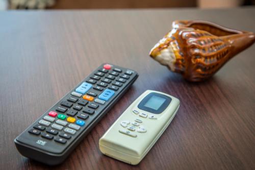 two remote controls sitting on top of a wooden table at Sunshower apartment and studio in Split