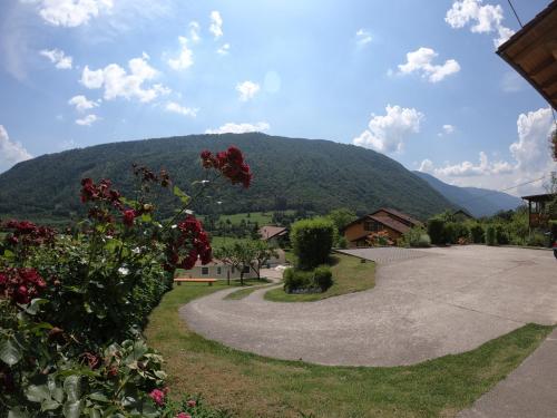 a walkway with a mountain in the background at Apartments Denis in Tolmin