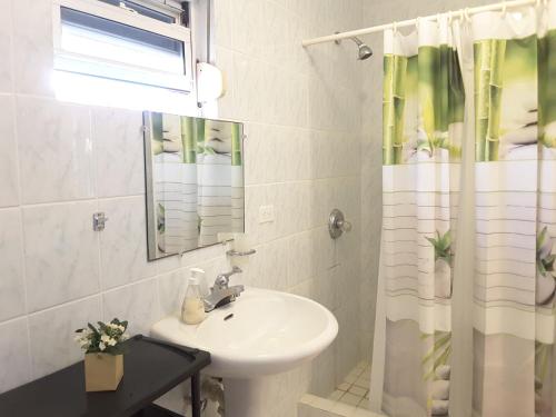 a bathroom with a sink and a shower curtain at Bay View condo in Philipsburg