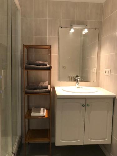 une salle de bain avec un lavabo, un miroir et des serviettes dans l'établissement COSMAO - Grand 2 pièces moderne & cosy proche de la gare et du centre, à Lorient