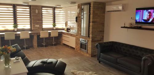 a living room with a couch and a television at Duna Dráva Vendégház in Érsekcsanád