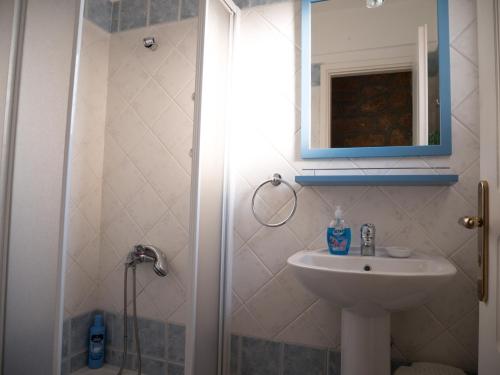 a bathroom with a sink and a mirror and a shower at Stone house in Khlóï