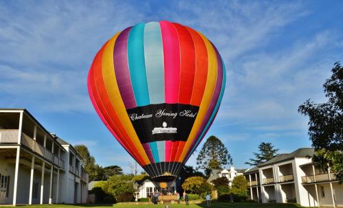 a colorful hot air balloon in front of a building at Chateau Yering in Yarra Glen
