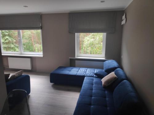 ein Wohnzimmer mit einem blauen Sofa und 2 Fenstern in der Unterkunft MD Apartments in Jūrmala