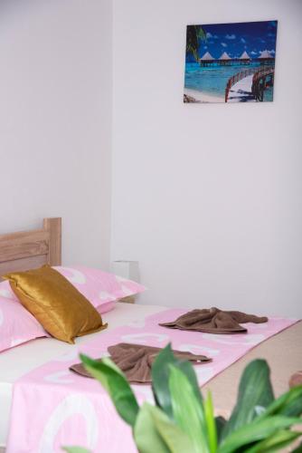 a bedroom with two beds with pink sheets and a plant at Apartments Nino Skadar lake in Virpazar
