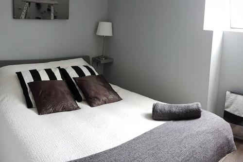 - un lit avec 2 oreillers dans une chambre dans l'établissement Très bel appartement Centre Vitré, à Vitré