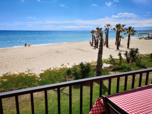 uma vista para uma praia com palmeiras e para o oceano em Paraiso frente al mar Apto duplex em Comarruga