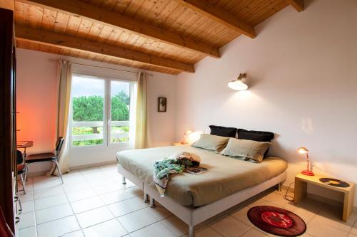 Les tranquilles d'Oléron في لا كوتينيير: غرفة نوم بسرير ونافذة كبيرة