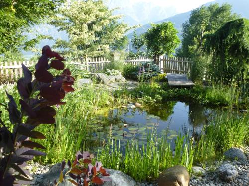 a pond with a bench in a garden at Ferienwohnung Mayr in Thurn