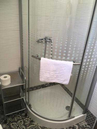 ein Bad mit einer Dusche und einem weißen Handtuch in der Unterkunft Apartments 4M in Gornji Karin