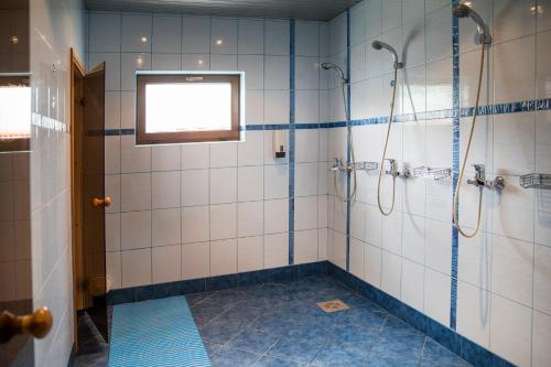 a bathroom with a shower with blue and white tiles at Veski Guesthouse in Antsla