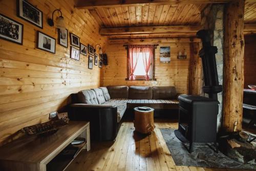 a living room with a couch and a stove at Family Farm Apartments in Žabljak