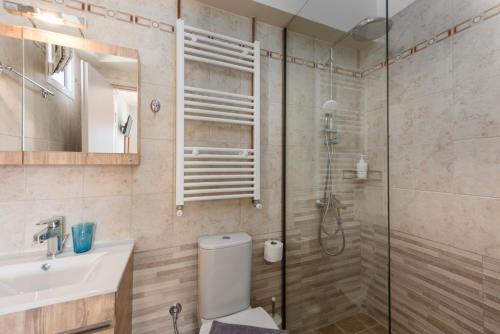 a bathroom with a shower and a toilet and a sink at Pansion Ermioni in Skala