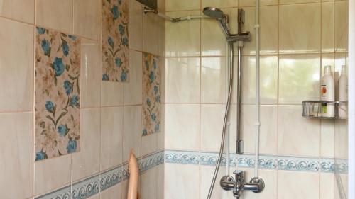 a shower in a bathroom with a glass door at Hommik House in Otepää