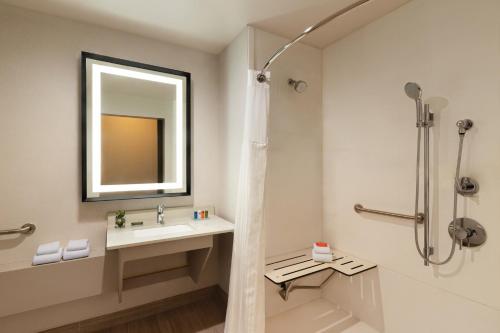 a bathroom with a sink and a shower with a mirror at Radisson Hotel Oklahoma City Airport in Oklahoma City