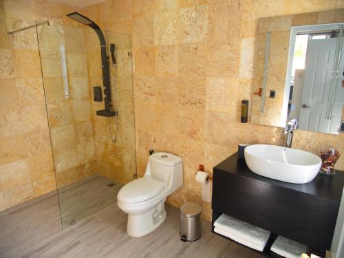 een badkamer met een toilet, een wastafel en een douche bij La Aldea in Santo Domingo