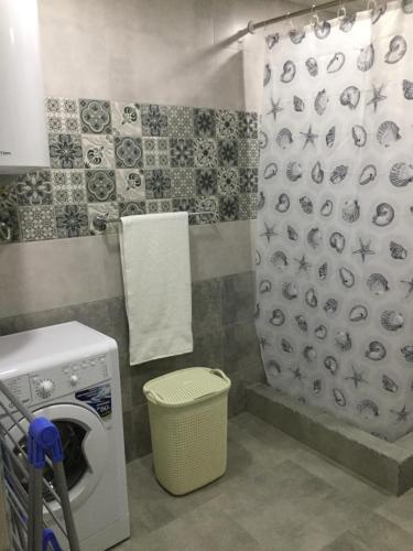 a bathroom with a washing machine and a shower curtain at Apple Tree Family Home (ECO) in Dzorakap