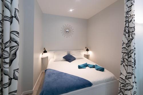 Cette petite chambre comprend un lit avec des oreillers bleus. dans l'établissement L'ALCÔVE Saint GEORGES ★ Au cœur de TOULOUSE, à Toulouse