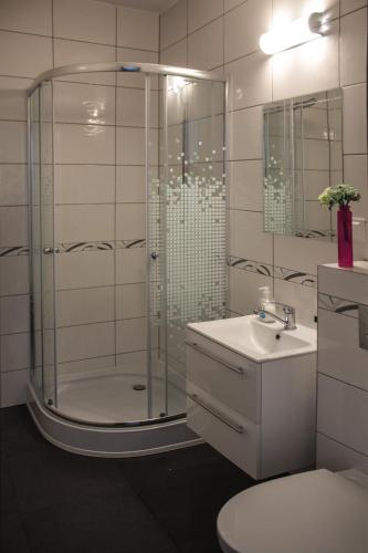 a bathroom with a shower and a toilet and a sink at Pokoje Gościnne Wiola in Władysławowo
