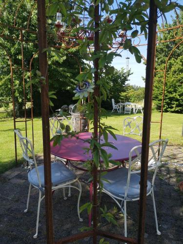 a table and chairs under a pergola with a tree at Les Mesanges in Combrand