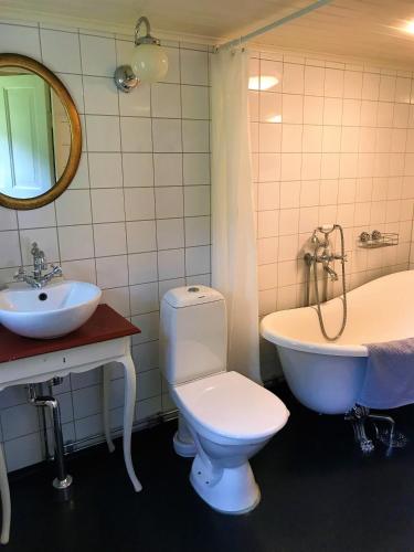 a bathroom with a toilet and a tub and a sink at Sjöbacken Gård in Lerdala