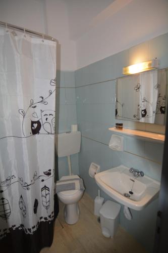 a bathroom with a toilet and a sink and a shower curtain at Galini Beach in Plakias