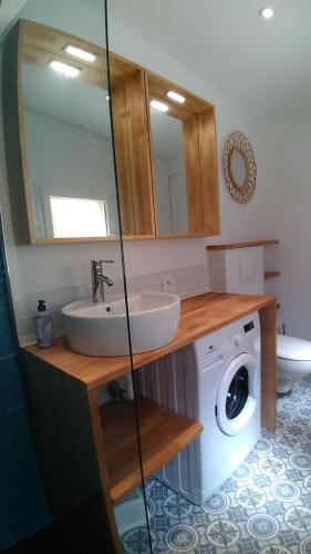 une salle de bain avec un lavabo et une machine à laver dans l'établissement Superbe Maison 4 personnes entre le port et le centre, COUR PRIVATIVE, WiFi & Netflix gratuits, à Saint-Brieuc