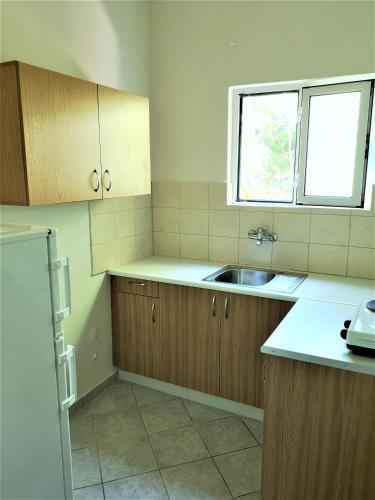 an empty kitchen with a sink and a window at Neorio Studios in Poros