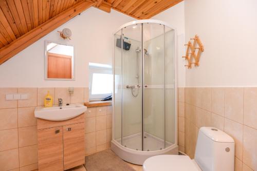 a bathroom with a shower and a toilet at Sveciu namai Audra in Palanga