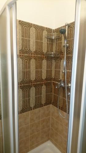 um chuveiro na casa de banho com uma cortina de chuveiro em RTV Central S-Room em Ljubljana