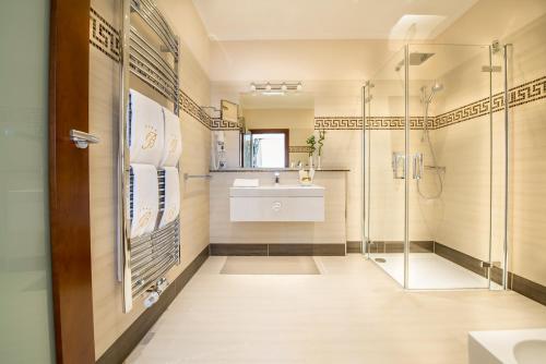 ein Bad mit einer Dusche und einem Waschbecken in der Unterkunft Residence Bellevue in Boppard