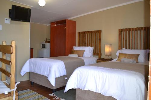 ein Hotelzimmer mit 2 Betten und einem TV in der Unterkunft Leago Guesthouse in Bloemfontein
