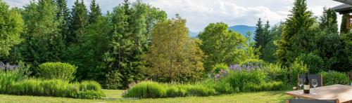 a garden with tall grass and flowers and trees at Gartenlodge Auszeit in Nötsch