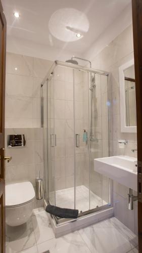 a bathroom with a shower and a toilet and a sink at Amaryllis Luxury Rooms in Platamonas