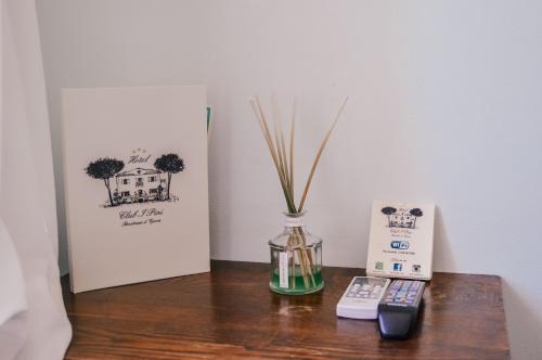 a vase with grass in it next to a remote control at Hotel Club i Pini - Residenza d'Epoca in Versilia in Lido di Camaiore